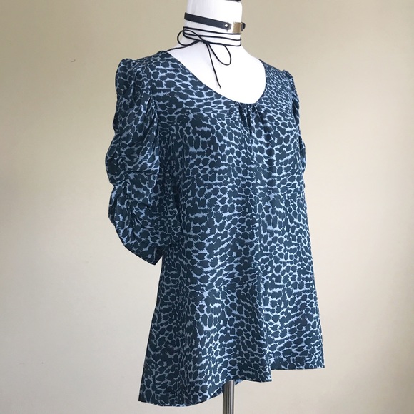 Halogen Blue Ruffle Bell Sleeve Leopard Print top - Picture 2 of 5